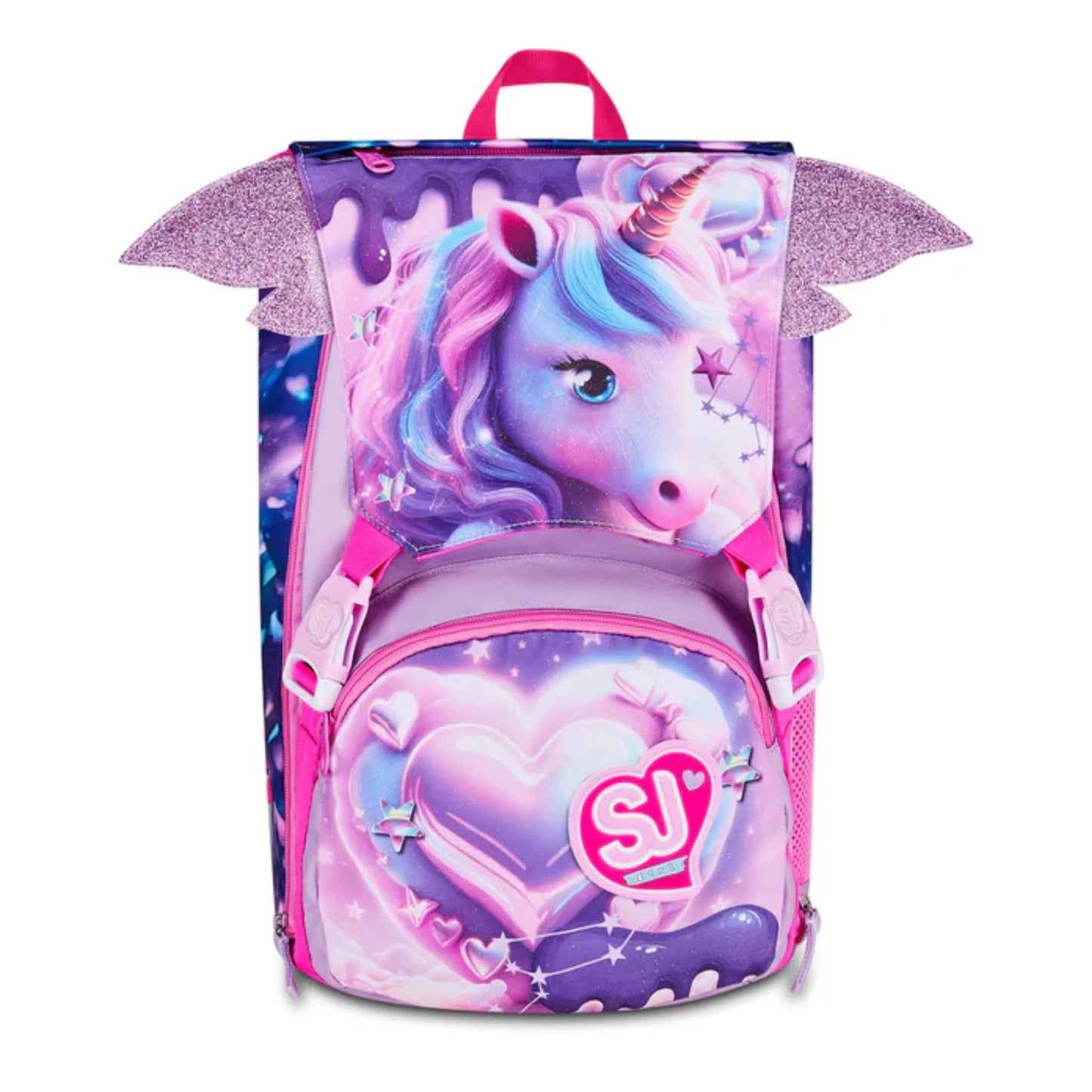 Zaino SJ Gang Estensibile Big Pixie Unicorn con Ali Glitter a Scomparsa Unicorno Alato Fantasia Galaxy Cuori Viola Rosa