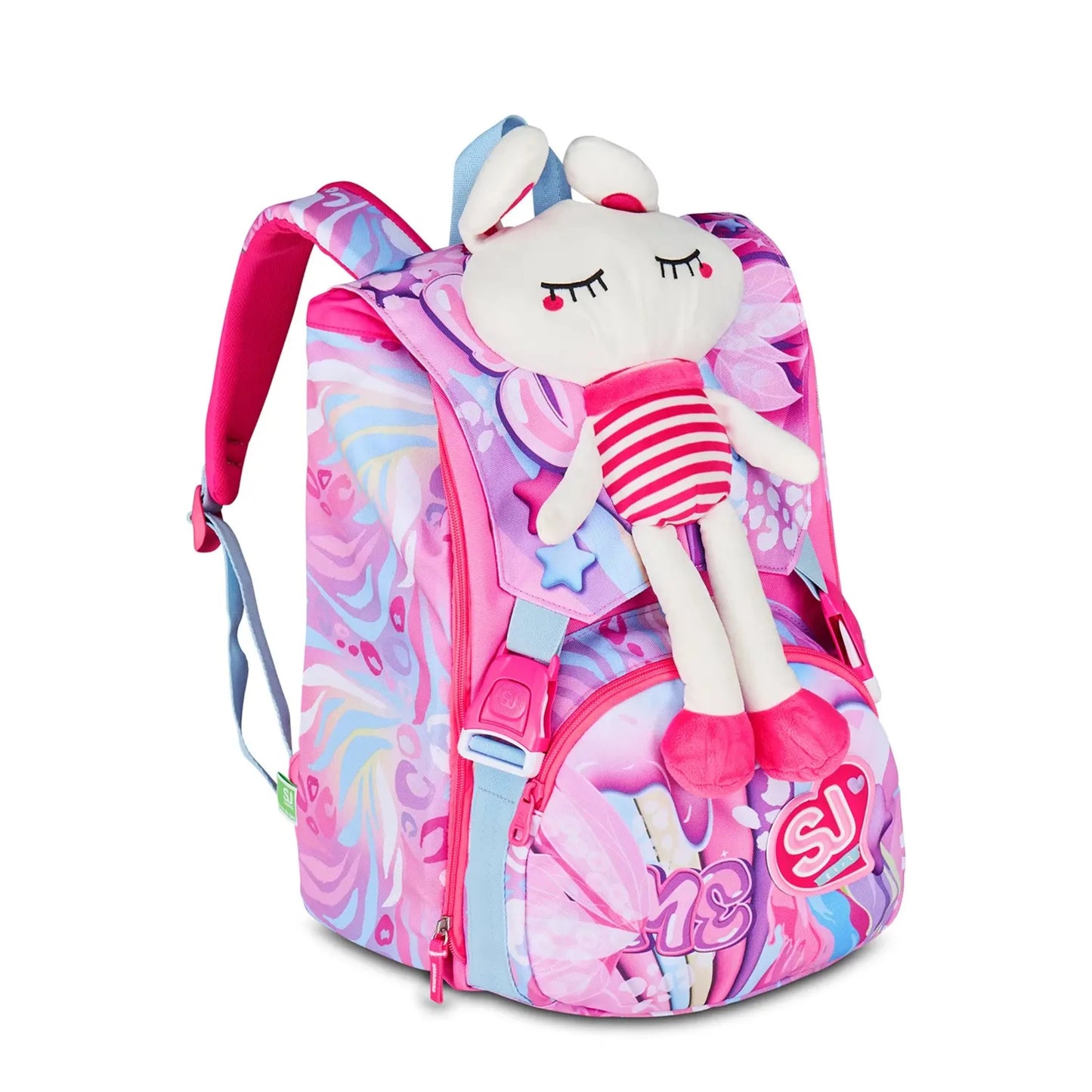Zaino SJ Gang Estensibile Big Plushy Rabbit con Coniglietto Peluche e Orecchie Mobili ad Aria Fantasia Zebra Rosa Viola