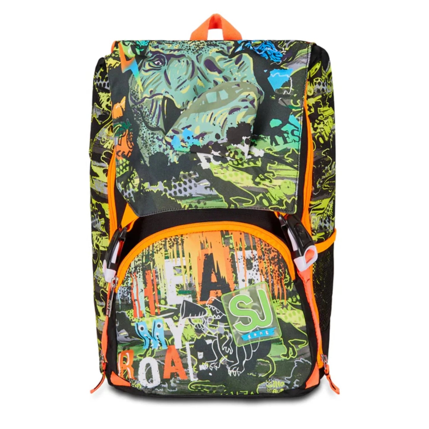 Zaino SJ Gang Estensibile Big Rexme con Bocca T-Rex che si Apre Fantasia Dinosauri Verde Lime Arancio