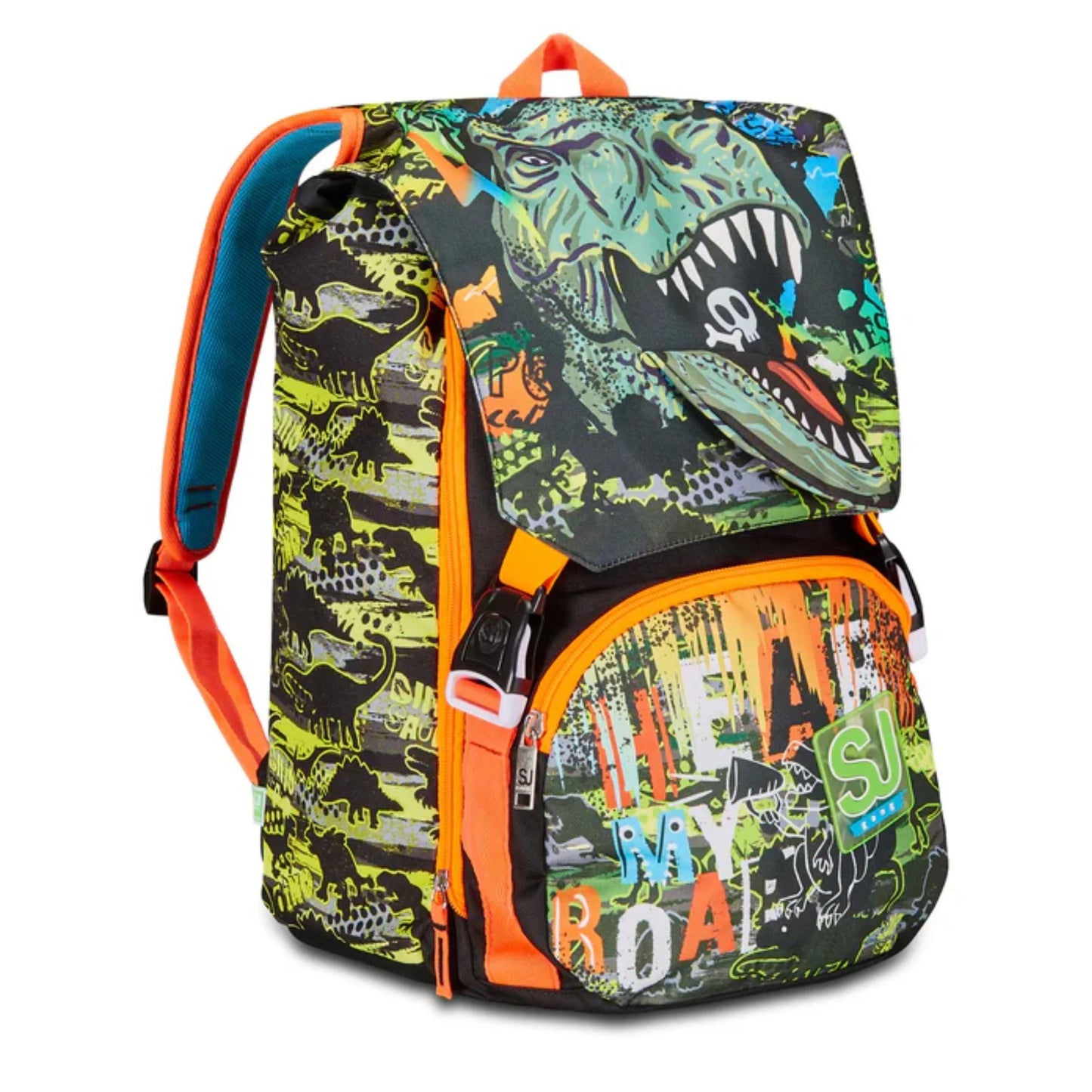 Zaino SJ Gang Estensibile Big Rexme con Bocca T-Rex che si Apre Fantasia Dinosauri Verde Lime Arancio