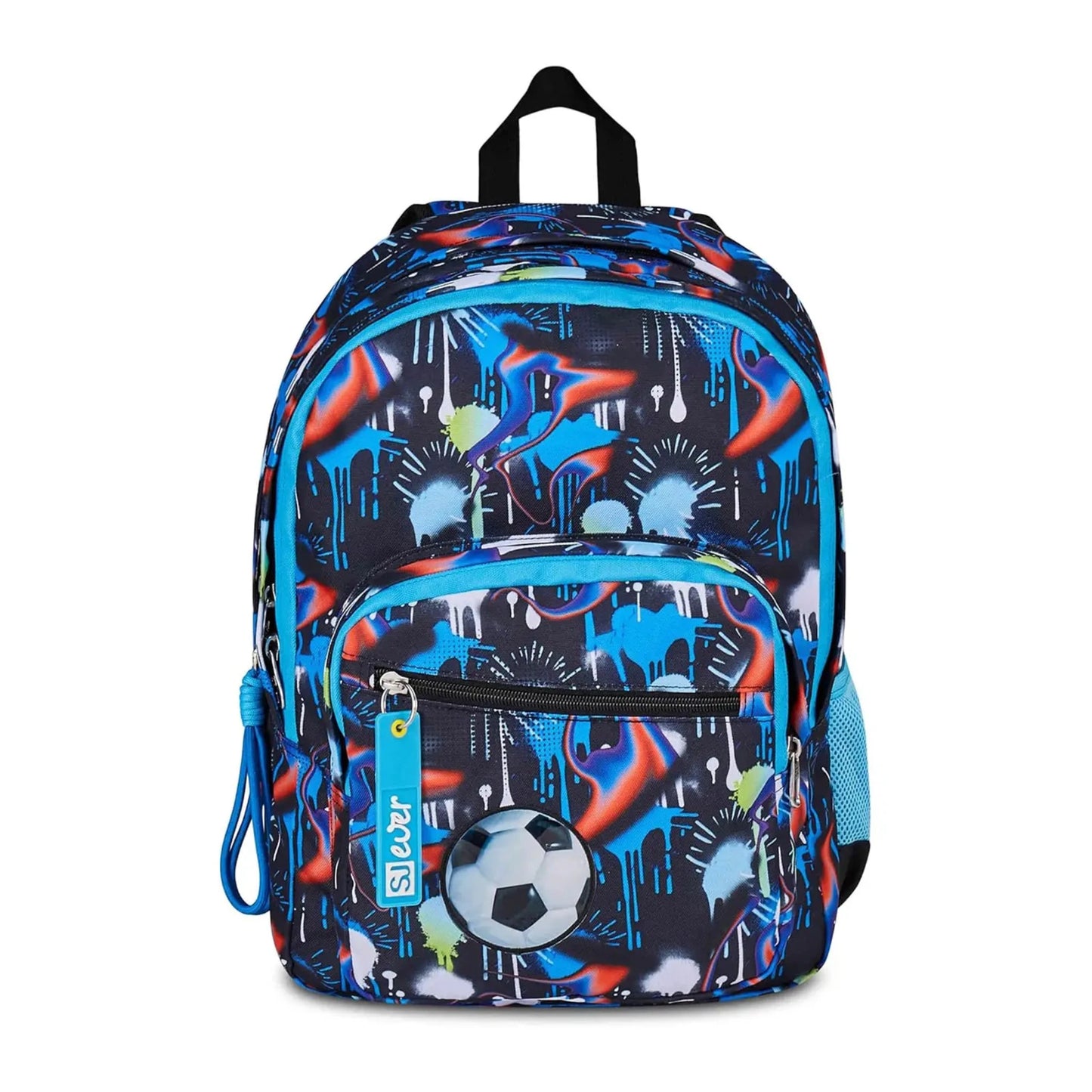 Zaino SJ Gang Ever Fluid Game Doppio Scomparto con Pallone 3D e Charm Staccabile Fantasia Graffiti Blu Neon