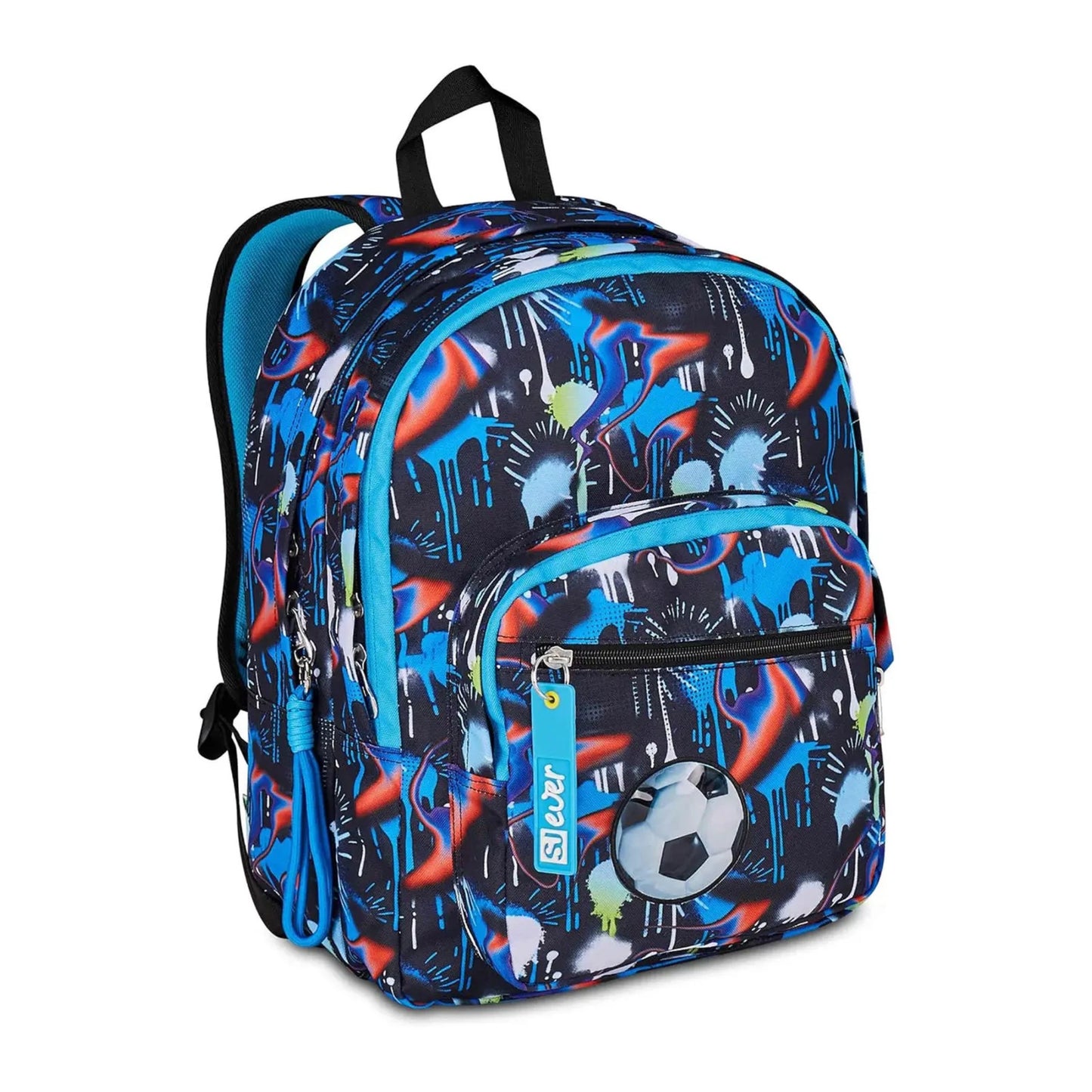 Zaino SJ Gang Ever Fluid Game Doppio Scomparto con Pallone 3D e Charm Staccabile Fantasia Graffiti Blu Neon