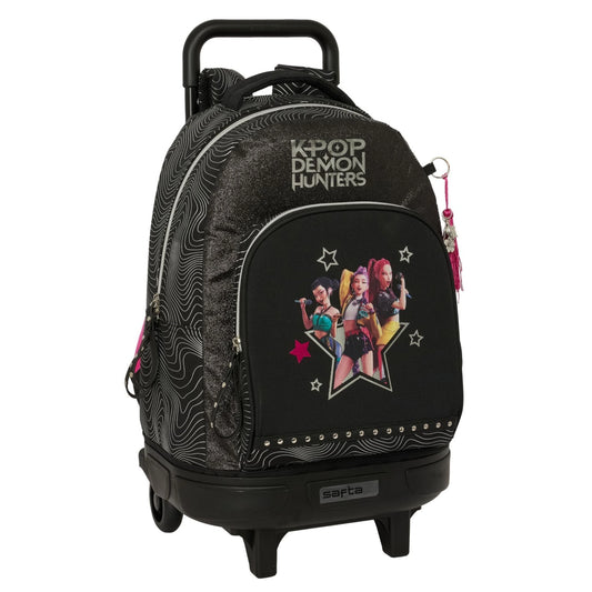 Zaino Trolley K-Pop Demon Hunters Energy Huntrix con Ruote Rimovibili Fantasia Onde Glitter Nero Fuxsia Safta